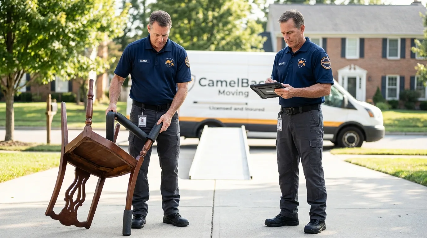 Movers inspecting furniture for damage prevention before loading in Woodville, MS