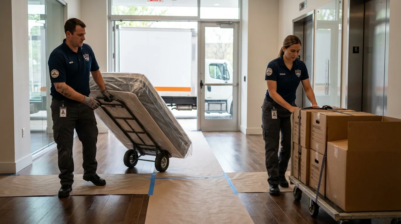 Professional apartment movers loading elevator in Woodville, MS