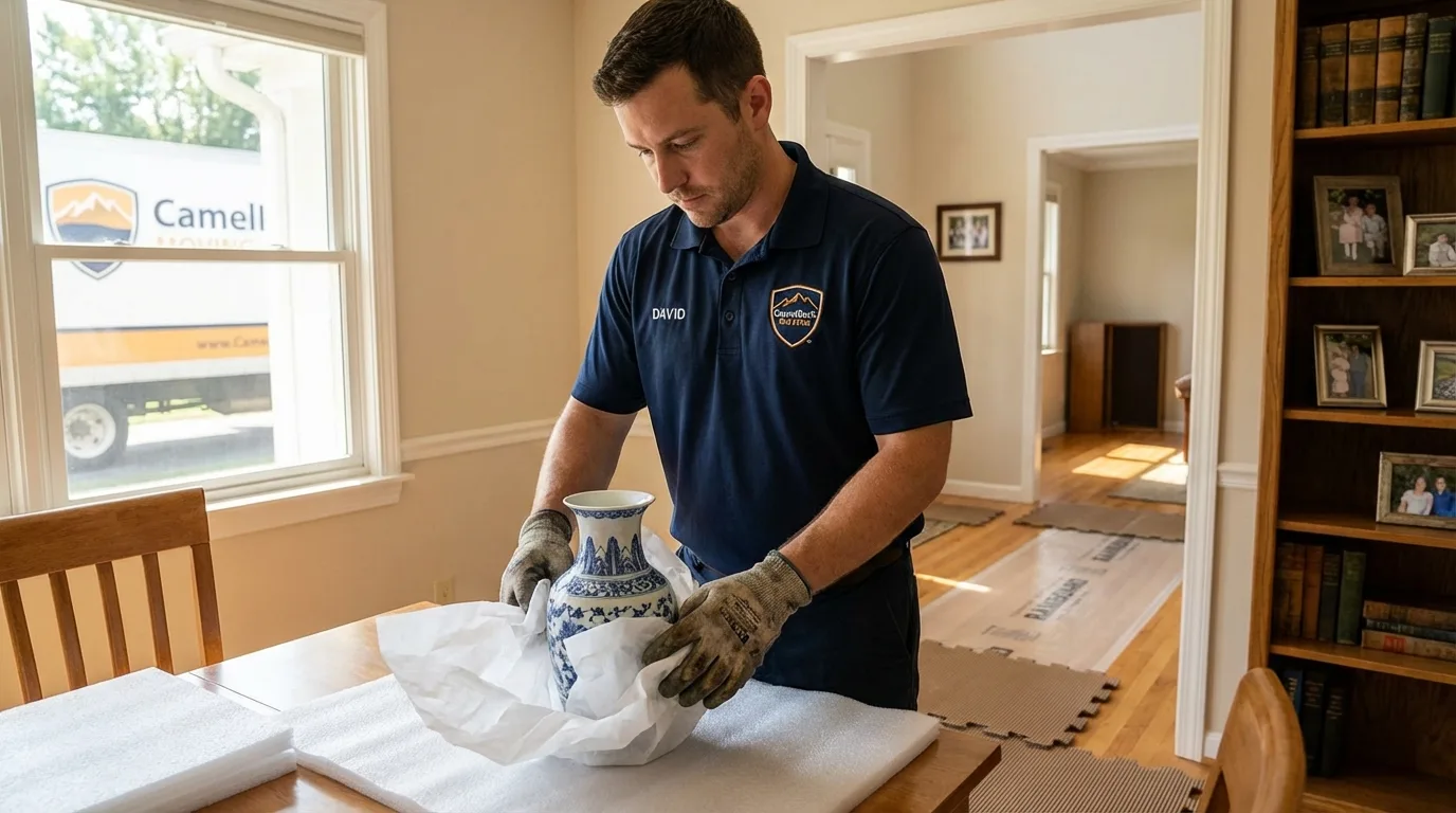 Professional crew carefully wrapping antique vase for senior downsizing move in Woodville, MS